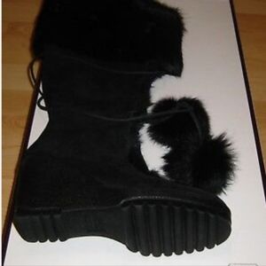 Coach Black Pom Pom Suede Wedge Boots